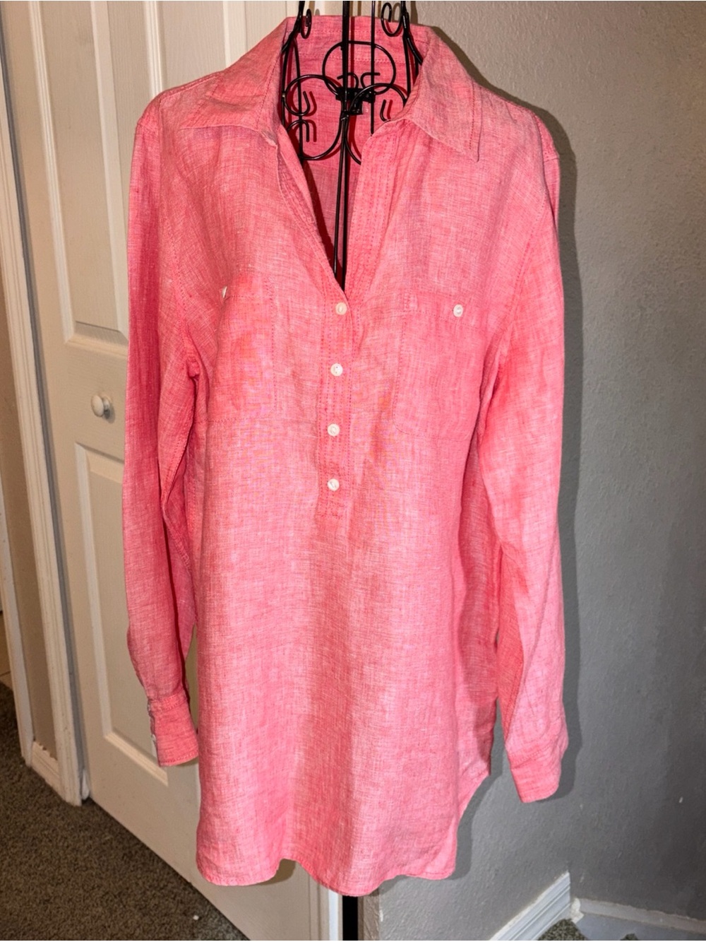 Talbots 3/4 Button Up Shirt  100% Linen Size L Pink Costal
